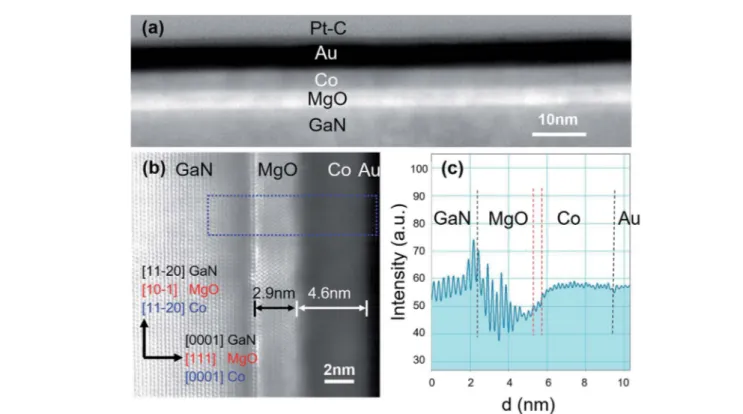 Fig. 2 (a) Large-scale cross-sectional HR-STEM dark ﬁ eld image of the Au/Co/MgO/GaN interface