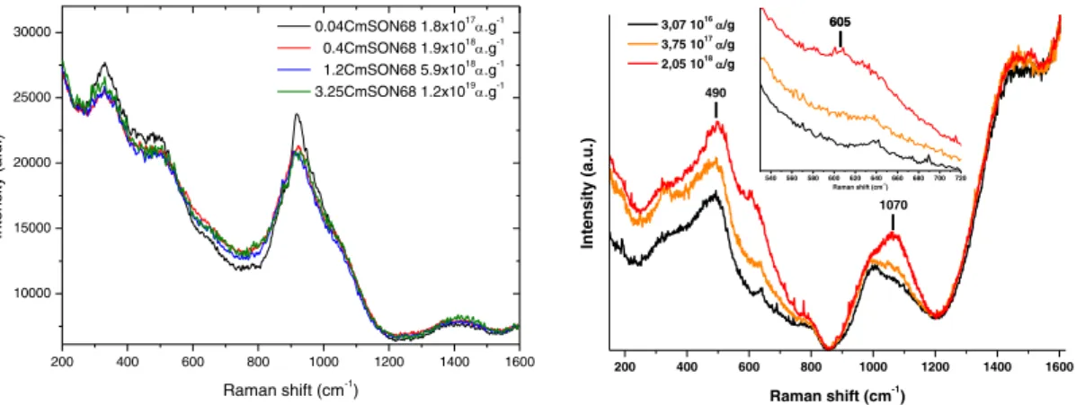 Fig. 1. (left) Raman spectra of the CmSON68 glass, (right) Raman spectra of the 0.7CmISG glass 