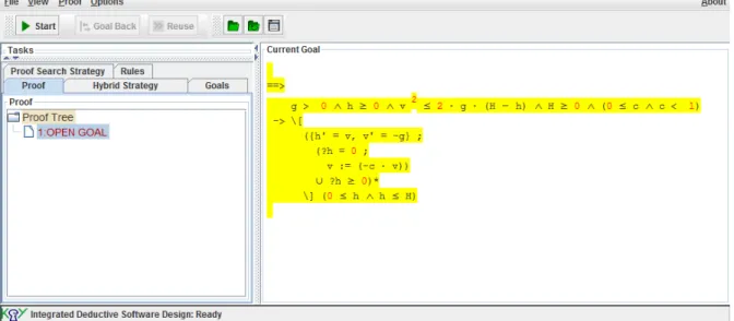 Figure 5: Initial screen of the bouncing ball problem in KeYmaera.
