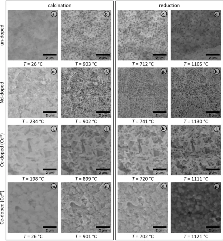 Figure 8: Close-ups of the particle surfaces recorded by HT-SEM during the thermal treatment