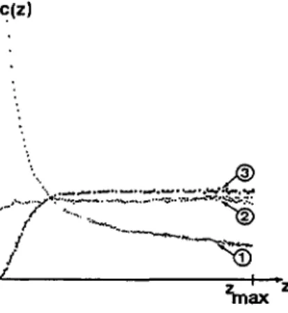 Fig. 6. Concentration profiles obtained by numerical simulation using in the walker's step only the first terra in equation 20 (curve I), the first two terms (curve 2) and finally aIJ three terrns (curve 3)