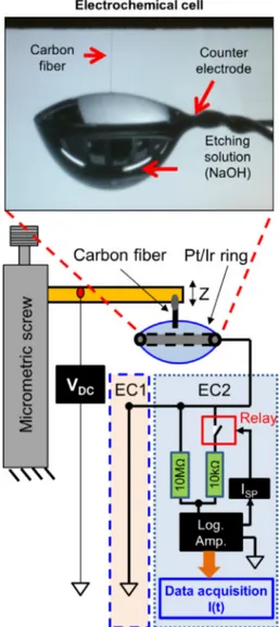 Fig. 1 – Schematic view of the electrochemical cell and electronic circuits for electrochemical etching of carbon fiber
