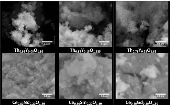 Figure 2.  SEM  micrographs  of  as-synthesized  powders  in  the  Th 1-x Y x O 2-x/2   and  Ce 1-x Ln x O 2-x/2  series.