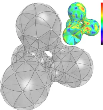 Fig. 1. Curved Optimal Delaunay Triangulations: A Bézier mesh (le�, here with cubic patches) can capture a curved domain with orders of  mag-nitude less elements for a given Hausdor� distance