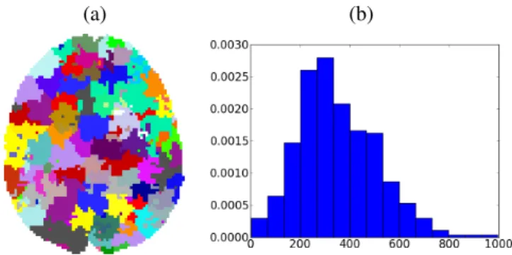 Fig. 1. (a) Axial view of a color-coded multi-subject parcel- parcel-lation. (b): normalized histogram of parcel sizes for the same parcellation.