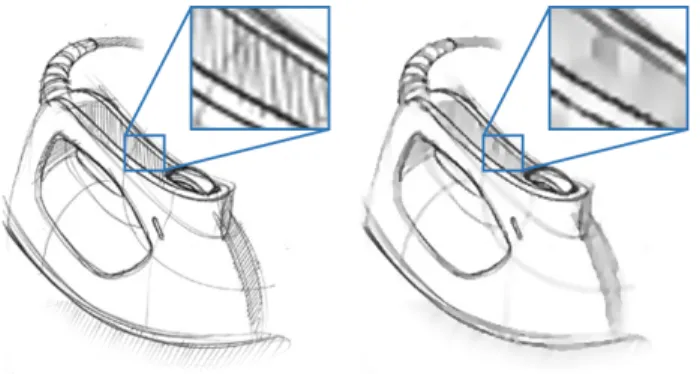 Figure 3: The rolling guidance filter prevents sketch details like hatching (left) from contributing to the sketch’s inferred shape by selectively blurring them out (right).