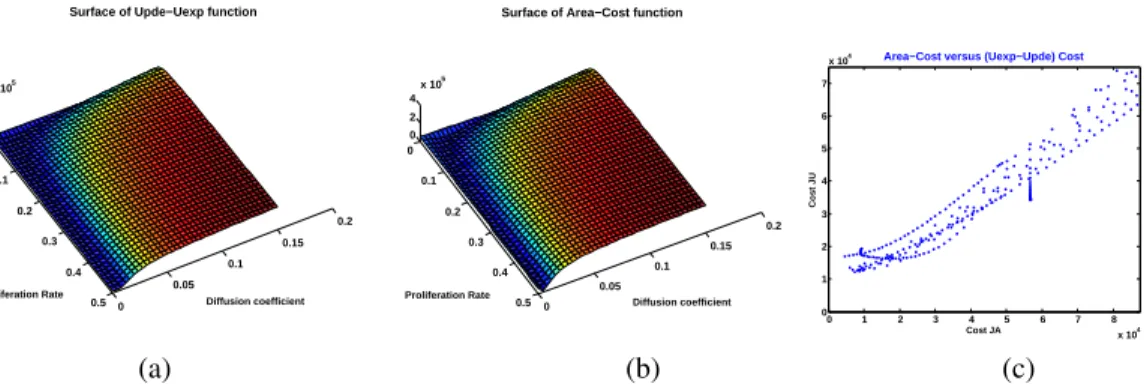 Figure 4: Surface plot of costs (a) J U and (b) J A as function of the parameters (r, D) where r ∈ [r min , r max ] and D ∈ [D min , D max ]