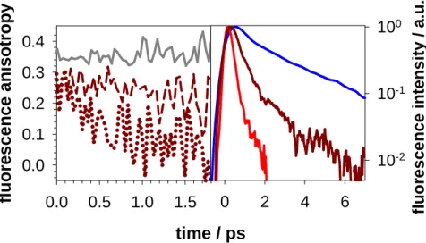 Figure  4.  Left:  fluorescence  anisotropy  decays  determined  for  poly(dAdT)·poly(dAdT) 24   at  330  nm  (dashed  line)  and  420  nm  (dotted  line)  determined  by  fluorescence  upconversion;  the  anisotropy  corresponding  to  an  equimolar  mixt