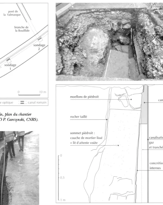 Fig.  16 - Aqueduc d Antipolis, deuxième sondage au chemin  des Trois-Moulins (cliché et plan DAO P