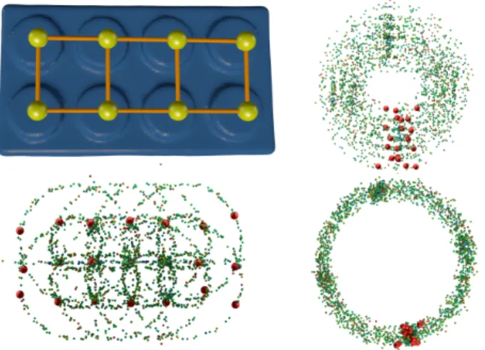 Figure 2: Lack of adjoint invariance. A lego brick has a 2- 2-generator translational orbit highlighted with the orange grid and yellow spheres (top left)
