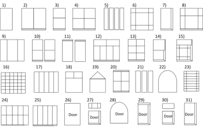 Figure 6: Window Grammars. We define 31 window grammars in- in-cluding 6 entrance shapes inspired by 3D window models available on the Internet.