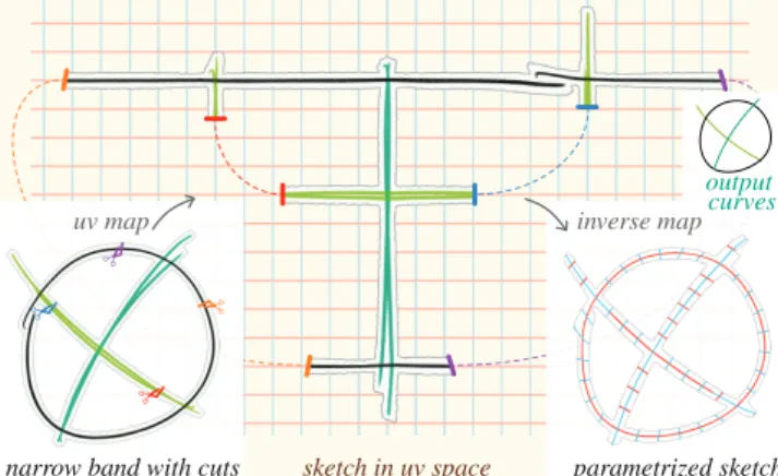Figure 4: In order to globally parametrize the input line drawing, each connected component of the narrow band needs to be cut open into a topological disk