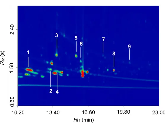 Figure  2.  GC×GC-TOFMS  chromatogram  of  the  solvated  residues  of  the  irradiated  CH 3 18 OH  ices