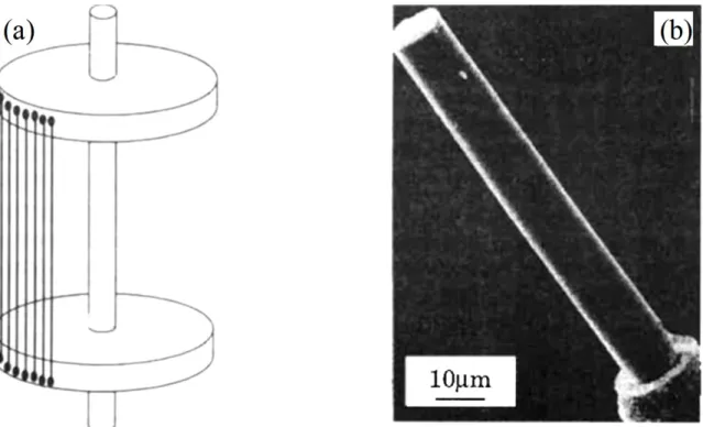 Fig. 1. CVD-processing and composition of SiC/SiC microcomposites: (a) single filaments holder, (b)  morphology of a SiC/BN/SiC composite failed in tensile loading