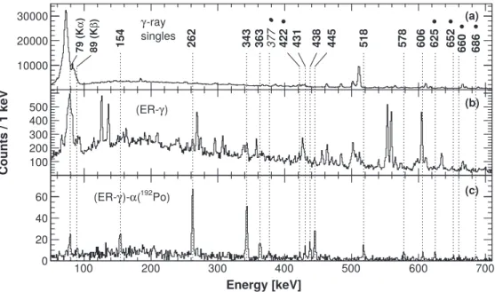 FIG. 7. Lower-energy parts of γ -ray spectra: (a) all γ rays collected during the measurement investigating 192 Po; (b) γ rays registered in coincidence with ERs; (c) γ rays in coincidence with ERs correlated to α decays of 192 Po