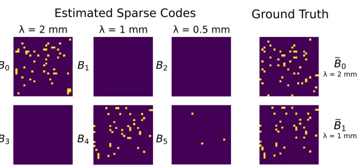 Figure 3: Slices extracted from the six sparse codes and the ground truth. Blue: Rejected points