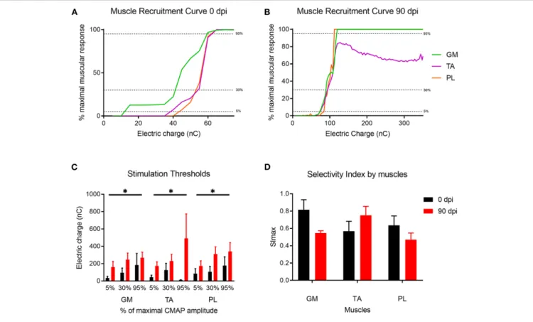 FIGURE 6 | Muscle recruitment curves. (A,B) Representative muscle recruitment curves from selected active sites at (A) 0 dpi and (B) 90 dpi