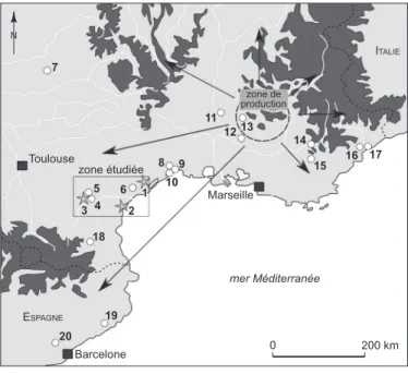 Fig. 1 – Zone de production, diffusion du silex bédoulien  (d’après Léa, 2005) et sites mentionnés dans le texte