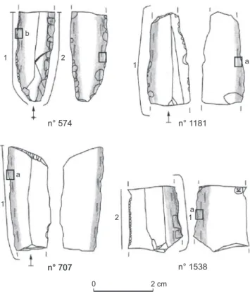 Fig. 2 – Le Pirou : fragments de lames n os  574, 1181 et 1538 et  lame tronquée n o  707 (silex bédoulien non chauffé)
