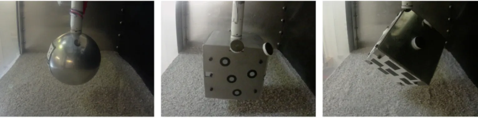 Figure 2. The projectiles used in the experiment. Left: Spherical projectile. Middle: Cubic projectile oriented to fall on a face