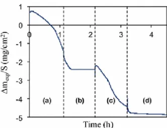 Fig. 5 Isothermal weight loss for BN at 800 °C in wet air (10 kPa H 2 O). During the oxidation tests (1 and 3) two  interruptions under inert gas (2 and 4) were introduced, at constant temperature