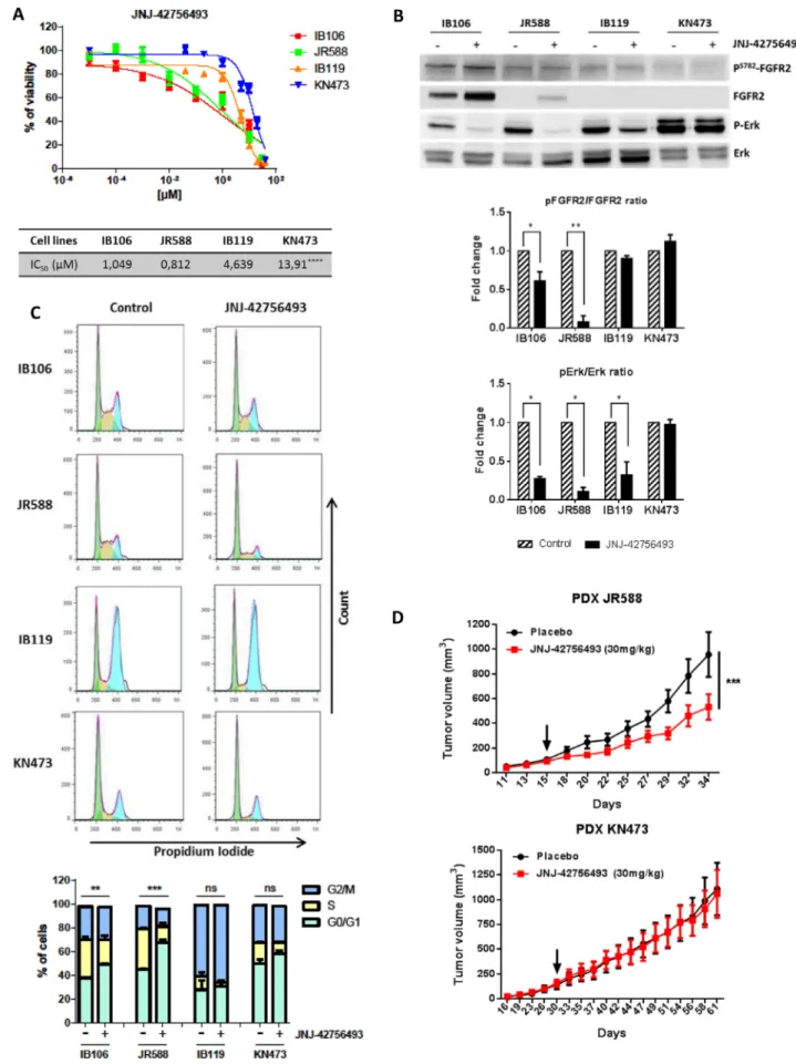 Fig. 5. Therapeutic potential of FGFR inhibition in a speciﬁc subgroup of UPS (A) Assessment of cell viability with pan-FGFR inhibitor JNJ-42756493 in 4 UPS cell lines; Growth curves indicate growth inhibition and IC50 of the 4 UPS cell lines after JNJ-427