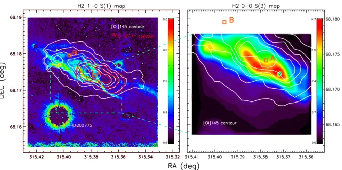Fig. 3. Left panel: spatial correlation of the H 2 1-0 S(1) emission map at 2.12 μm (Lemaire et al