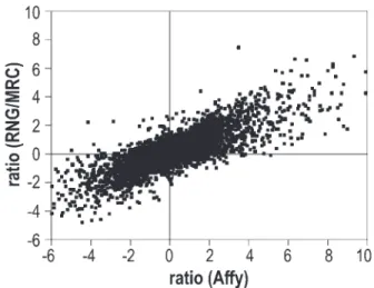 Figure 7. Analysis of 34 mouse transcripts targeted by 2 distinct RNG/MRC probes. Shown are probes with a variation in intensity greater than 2 fold.