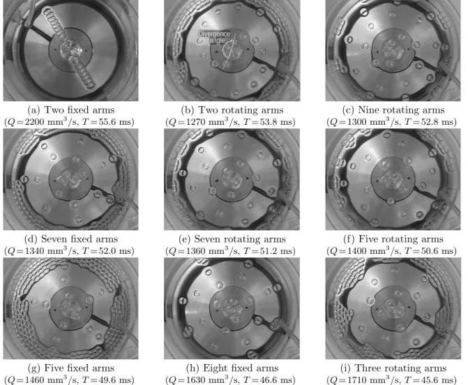 Fig. 1. Different patterns formed by bubbles emerging at the surface of silicone oil with different periods T (µ = 0.033 Pa.s, d = 0.8 mm, H = 87 mm except the first picture, for which µ = 0.072 Pa.s, d = 1.4 mm, H = 78 mm)