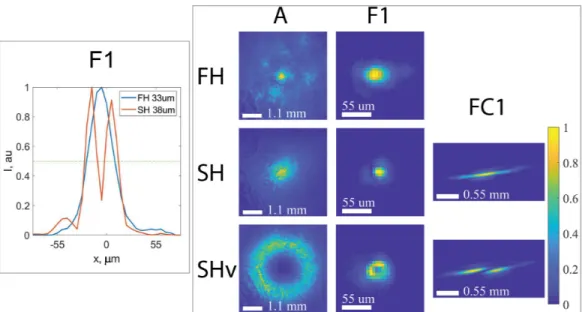 Figure 6. Panel on the right: Images of fundamental (FH) and second harmonic for Gaussian (SH) and vortex (SHv) states