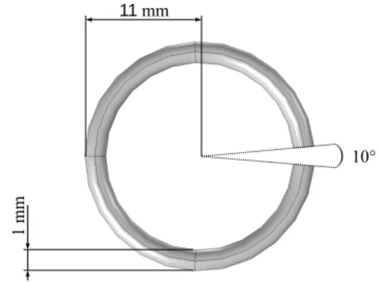 Fig. 1. Geometry of the metallic Split-Ring Resonator (SRR) we simulated with COMSOL Multiphysics: this a split torus which external curvilinear length equals 69mm