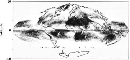 Fig. 6. POLDER level 3 monthly synthesis of cloud cover for June 1997. Coverage ranges from zero (black) to one (white) over a light gray background.