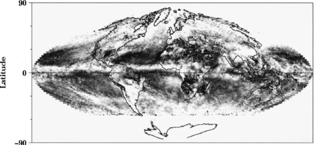 Fig. 8. POLDER level 3 monthly synthesis of cloud optical thickness (energy means) for June 1997