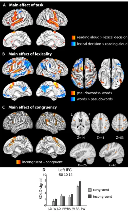 Fig. 2: A.  Main fMRI effect of task. B.  Main fMRI effect of lexicality across tasks