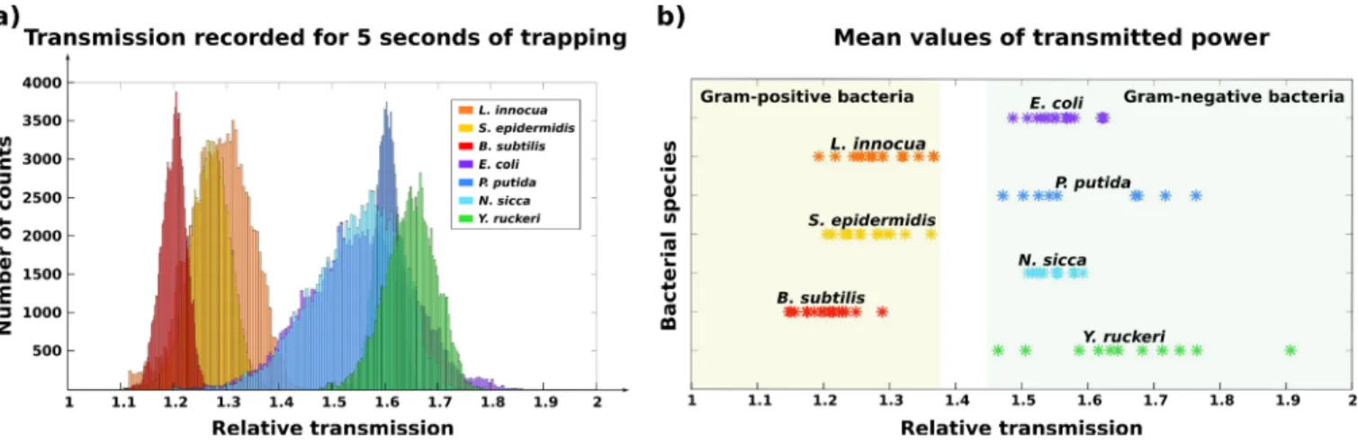 FIG. 3. (a) Histogram functions of the average relative transmission increase over 10 measurements for seven types of bacteria
