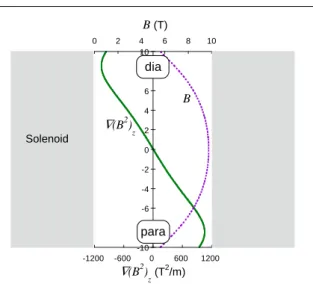 Fig. 2 An example of the variation of B and ∇(B 2 ) z along the axis z of a solenoid. The locations appropriate for levitation of dia- and para-magnetic samples are indicated
