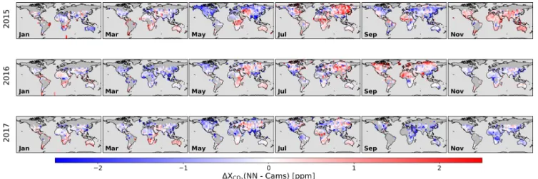 Figure 7. Same as Fig. 5 but for the difference between the XCO 2 estimated by the NN approach and that derived from the CAMS model.