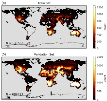 Figure A2. Spatial density of the observations that were used for the training (a) and validation (b) processes.