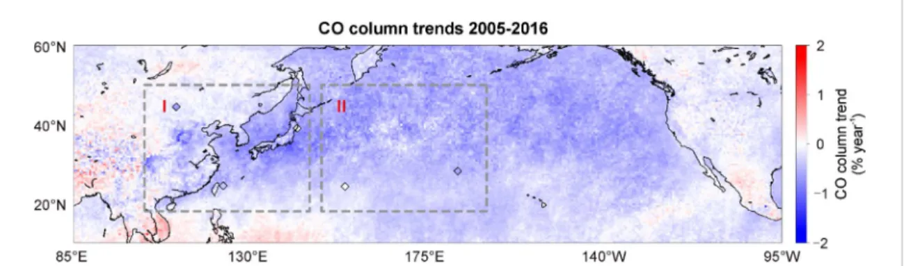 Figure 1. Tropospheric CO column trends derived from MOPITT V7 data over 0.5 ◦ × 0.5 ◦ grid cells