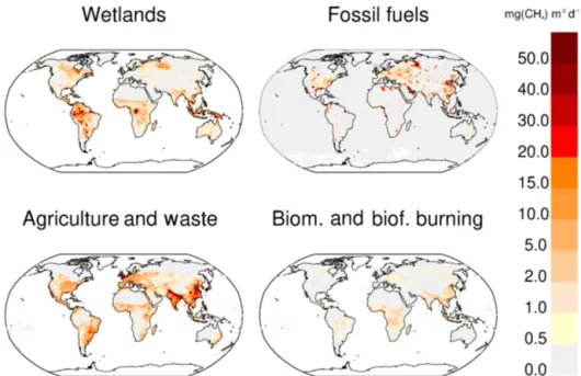 Figure 3. Methane emissions from four source categories: natural wetlands (excluding lakes, ponds, and rivers), biomass and biofuel burning, agriculture and waste, and fossil fuels for the 2008–2017 decade (mg CH 4 m −2 d −1 )