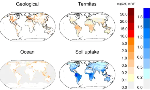 Figure 4. Methane emissions (mg CH 4 m −2 d −1 ) from three natural sources (left colour scale): geological (Etiope et al., 2019), termites (this study), and oceans (Weber et al., 2019)