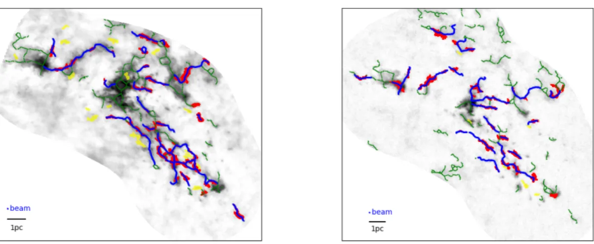 Figure 4 . Filaments identified in peak intensity maps of 12 CO 2-1 (L) and 13 CO 2-1 (R)