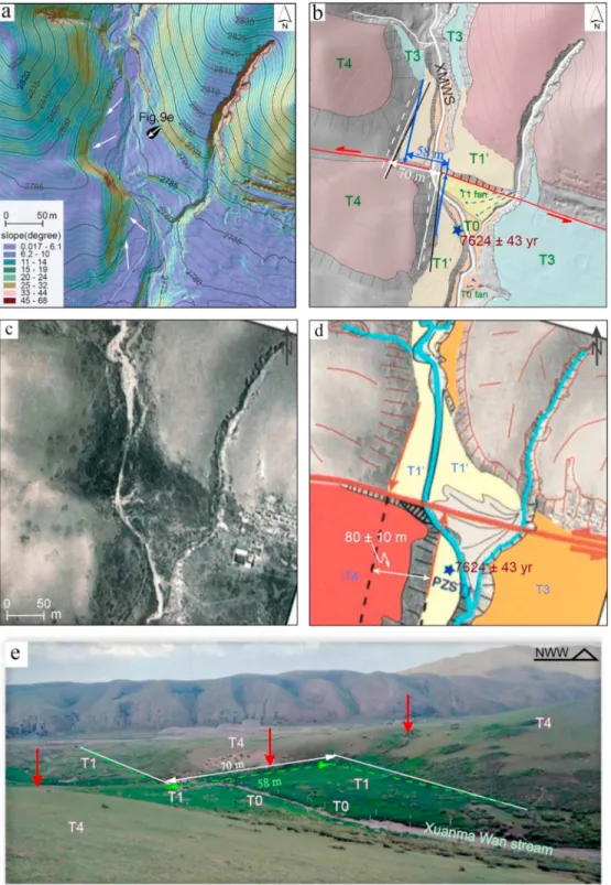 Figure 9. Displaced geomorphic features at the Xuanma Wan site. (a) Slope map with contour lines covering shaded relief map