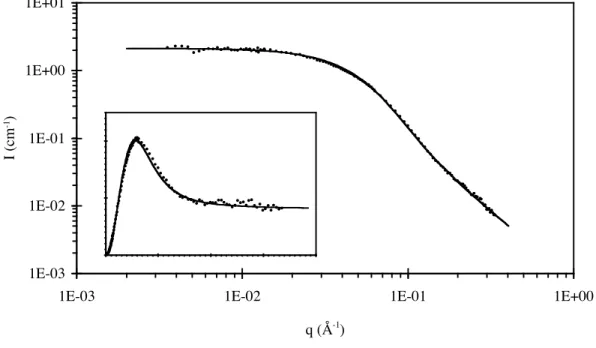 Figure 6. SANS intensity (I) versus scattering vector (q) for a solution of PIBUT  in d 8 -toluene at 11g/L (3.2mM) and 22°C