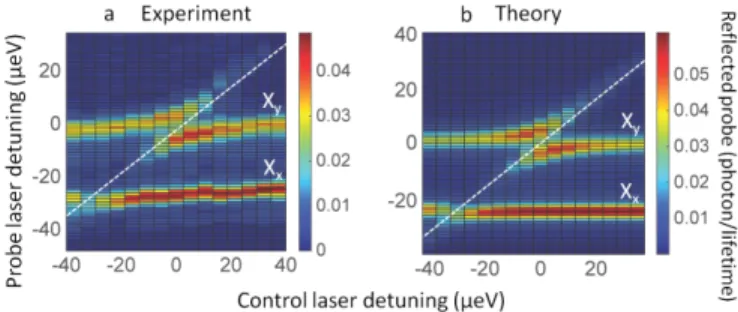 Figure 5. Fine structure splitting. Experimental (left) and theoretical (right) results following Autler-Townes splitting approach including both excitonic levels X x and X y split by 25 µeV