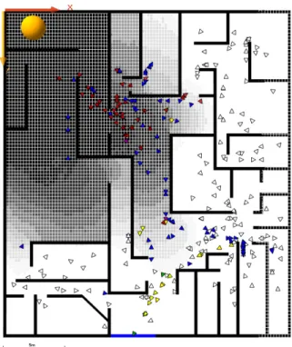 Figure 2 shows a visual result of the simulation where the black lines rep- rep-resent the walls of the nightclub, the grey squares reprep-resent the smoke and the triangles represent the simulated actors