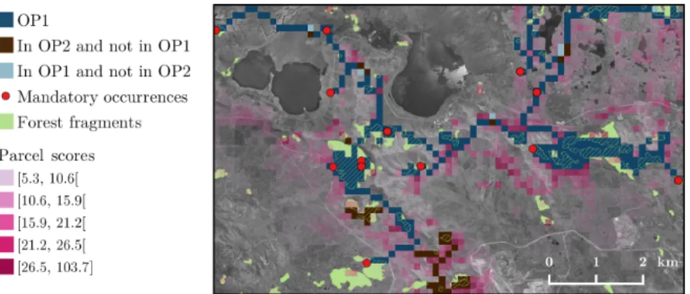 Fig. 7. Mapping of the use case best solutions. The parcel scores correspond to the heuristic score and the mandatory occurrences to rare species observed only once in the study area (they must then be covered by any solution).