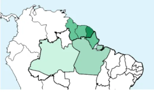 Fig. 1. Regions of origin of the 10k species selected for PlantCLEF 2019: French Guiana, Suriname, Guyana, Brazil (states of Amapa, Para, Amazonas)