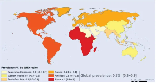Figure 1 : Prévalence du VIH, selon les régions OMS, chez les adultes âgés de 15 à 49 ans