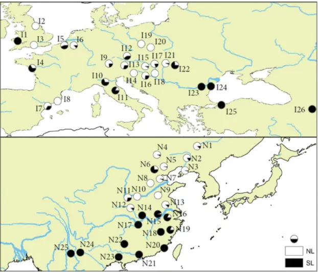 Figure  3.1    Map  displaying  the  locations  of  populations  sampled  and  the  identified  lineages,  including  relative  proportions  depicted  in  pie  charts,  in  both  the  native  and  introduced  ranges  identified by Simon et al., 2011, 2015 